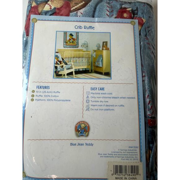 Vintage Blue Jean Teddy Baseball Bear Crib Skirt Ruffle Baby Nursery Bedding - Picture 4 of 5